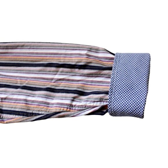 Thomas Dean Button Down Shirt Mens M Flip Cuff Orange Purple Stripe Cotton - Picture 3 of 9